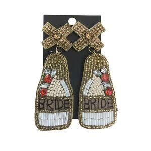 Bride Beaded Earrings – Statement – 3.5” Just Married Gift Wedding Bachelorette